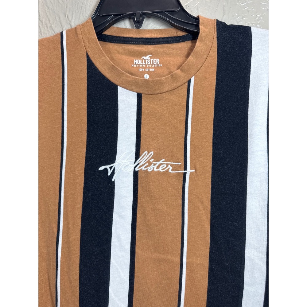 Hollister Men's Striped T Shirt Short Sleeve Cotton Brown White Black Size S